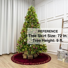 72-Inch Burgundy Velvet Christmas Tree Skirt with Golden Swirl Embroidery, Foam-Padded, Elegant Lace Tie Closures