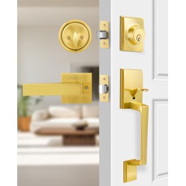 Azdele Gold Front Door Handle with Deadbolt and Lever Set, Modern Front Door Lock Set, Black Door Handle with Single Cylinder Deadbolt for Exterior Door, Reversible for Right&Left Handed