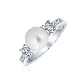 Traditional Timeless Wedding Pave CZ Band White Cultured Button Pearl Solitaire Engagement Promise Ring for Women Side Stones Silver Plated 8MM