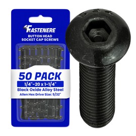 Fastenere Button Head Socket Cap Screws - 1/4-20 x 1-1/4" (50-Pcs) Alloy Steel, Fully Threaded, Fine Black Oxide Finish, Corrosion-Resistant, Machine Thread, Easy to Install w/Allen Hex Drive