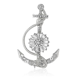Rhinestone Boat Anchor Brooch for Women Sparkling Cubic Zirconia Anchor Brooch Gold Silver Nautical Jewelry Pin Shimmering Ocean Themed Accessory (Silver)