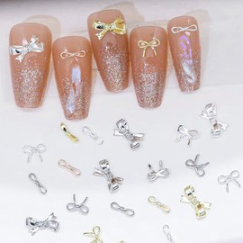 CHANGAR 60 Stück 3D-Nagelkunst-Anhänger mit Schleife, Gold/Silber, Nagel-Anhänger aus Metalllegierung, süße Fliege, Nagelkunst-Schmuckzubehör für DIY-Nagelkunst, Bastel-Dekoration
