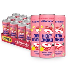 NEW! wildwonder Sparkling Probiotic Drink 12pk, For Gut Health & Immune Support, Cherry Lemonade, 5g Prebiotic Fiber, Live Probiotics, Organic, Vegan, Low Sugar, 12 Pack, 12oz Can, Seen on Shark Tank
