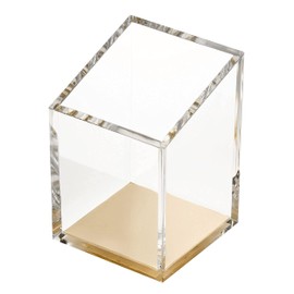 OfficeGoods Acrylic Pen & Pencil Holder - Modern Trapezoid Design - Beautiful Desk Organizer for Home or Office - Contrasting Metal Base - 3" Square w/ 3.5" Front & 4.5" Back - Gold