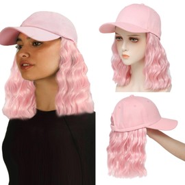 AliRobam Synthetic Wig Hat with Natural Wave hair Extensions attached for woman Baseball cap wig pink curly wavy Hairstyle Adjustable pink Hat Wig (Pink, 14inch)