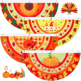 Breling 4 Pcs 1.5 x 3 Feet Fall Bunting Outdoor Flag for Outside Thanksgiving Pleated Fan Flag Pumpkin Turkey Yard Fall Hanging Banner Flag with Canvas Header and Metal Grommet for Holiday Decor