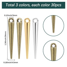 SUNNYCLUE 1 Box 90Pcs 3 Color Metal Spike Charms Cone Charm Bulk Gold Silver Antique Bronze Alloy Vintage Gothic Long Spikes Cones Pendants for Jewellery Making Necklace Bracelets Earrings DIY Crafts