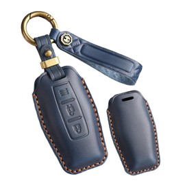 HIBEYO Leather Car Key Case Fits Mitsubishi Outlander 2022-2025 Key Case Cover Protective Remote Control Key Shell Key Organiser Key Ring Car Accessories-A Blue