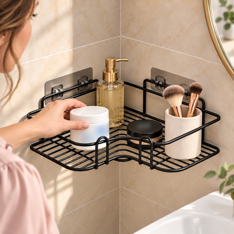 1PC Wall Mounted Non-Perforated Metal Triangle Storage Rack for Bathroom