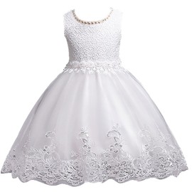DreamHigh Flower Girl's Floral-Embroidered Pearl Embellished Evening Dress Up White - 4Y