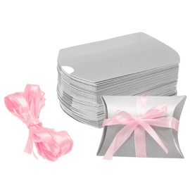 sourcing map 50Pcs Pillow Boxes 3.5 x 2.8 x 1 Inch Gift Boxes with Ribbons, Presents Paper Candy Favor Boxes for Gift Wrap Wedding Birthday Party, Silver Tone