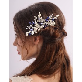 BERYUAN Vintage Flower Leaves Rhinestone Pearls Hair Pins Blue Rhinestone Crystal Pearls Pins Blue Rhinestone Beads Leaves Wedding Headband Bridal Hair Pins for Women Girls(2pcs) (blue)