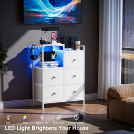 GipGiper Dresser for Bedroom, White Dresser with Led Light and Charging Station, Fabric Dressers&Chests of Drawers with 5 Drawers and Shelf, Storage Unit Organizer Tower, White