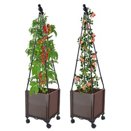 MQHUAYU Raised Garden Bed Planter Boxes with Trellis 2 Pack, 47" Self-Watering Tomato Planters for Climbing Plants, Outdoor Patio, Tomatoes Cage with Wheels for Vegetable Vine Indoor Flower Pot