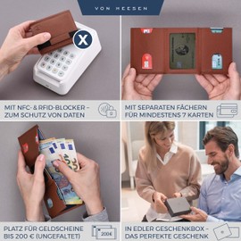 VON HEESEN Slim Wallet with RFID Protection - Men's Small Wallet - Mini Purse Women's Wallet - Card Holder Genuine Leather Card Wallet - Leather Credit Card Holder, cognac brown, Mini coin pocket