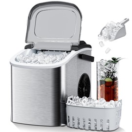Countertop Ice Maker 26lbs/24H Portable Ice Machine 2 Sizes of Ice Cubes,9 Ice Cubes in 8 Mins, Stainless Steel Design Ice Scoop & Basket Included Self-Cleaningfor Kitchen, Bar, RV,Home
