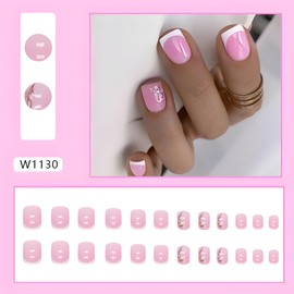 French Tip Square Press on Nails Short Pink Fake Nails with Leaf Glossy Full Cover Glue on Nails Artificial Acrylic Nails for Women