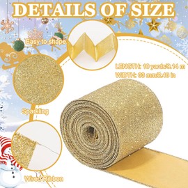 Christmas Ribbon, Christmas Decorations, 9.1m Soft Velvet Ribbon 63mm Christmas Tree Ribbon for Christmas Crafts, Gift Wrapping, Wreath, Top Bows, Sewing Christmas Tree Decorations (Flash Gold)