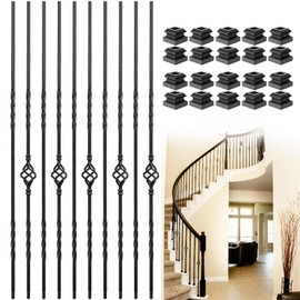 Vilstomes 10 Pack Wrought Iron Balusters - 44" Satin Black Metal Spindles With Baluster Shoes (5 Double Twist +5 Single Basket)