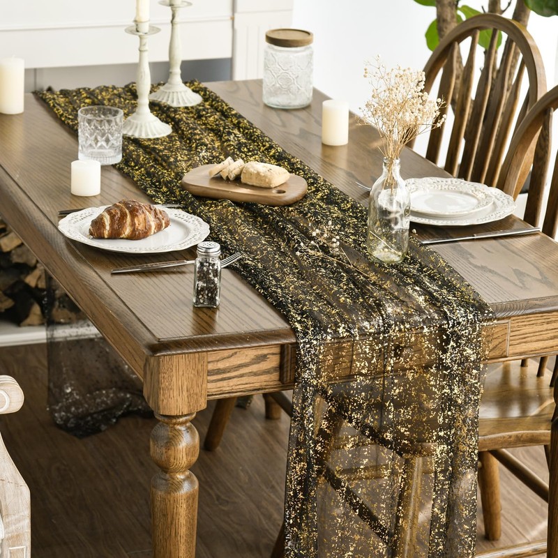 Artoid Mode Black Gold Gauze 3 Pcs Table Runner 70x300