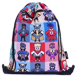FRINGOO® Kids Drawstring Bag With Front Zipped Pocket PE Kit Bag School Backpack (L:34cm*H:42,5cm, Superheroes)