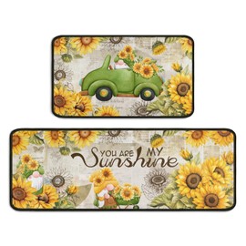 Kuyig Home Rooster Kitchen Mats for Floor Sunflower Kitchen Rugs Sets of 2 Non Slip Absorbent Washable Kitchen Rugs Anti Fatigue 17"x47"+17"x30"