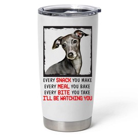 Every Snack You Make I'll Be Watching You Dark Blue Italian Greyhound Tumbler 20oz Curved Stainless Steel Vacuum Insulated Cup With Lid Funny Gifts for Dog Lovers