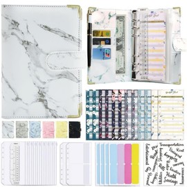 Marble A6 Ring Binder Budget Book Marble Grain Notebook Book Leather PU Hand Book Loose Leaf Folder Manual (White)