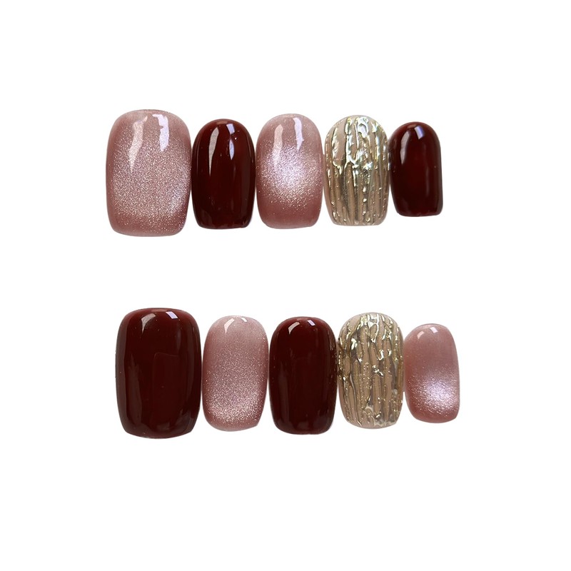 BIBII Nails Handmade Nail Tip, Red Gold, 3D Nails, Short,