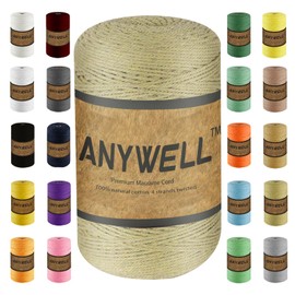 ANYWELL Khaki Macrame Cord 2mm x327yards, Cotton Cord, Macrame Rope, Corde Macramé, Not Dyed, Handmade Soft 4-Strand Twisted Cotton Rope, Wall Hanging, Plant Hanger, DIY Craft Making, Knitting