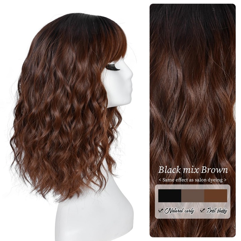 RUNM Short Bob Wavy Wigs for Women Brown Wig with