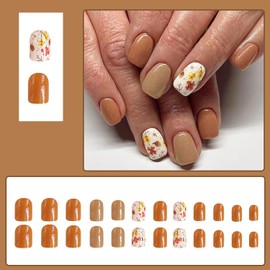 Short Press On Nails Square Fake Nails Brown Nails Press Ons With Maple Leaves Designs Acrylic Nails Fall False Nails Full Cover Glue On Nails Short Reuseable Stick On Nails For Women