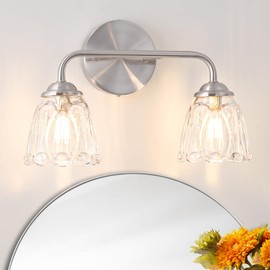 Daunton Vintage Vanity Lighting for Bathroom, Nickel Bathroom Lights Over Mirror, 2-Light Elegant Bathroom Vanity Light, Bathroom Light with Flower Glass Shade, Gold Wall Sconce Lighting for Bedroom