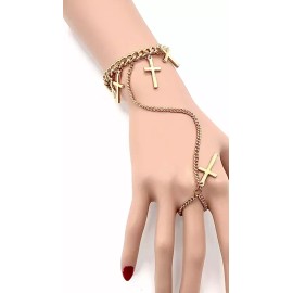 Unbranded Women Gold Metal Hand Chain Bracelet Cross Charm Ring Connected Adjustable Size