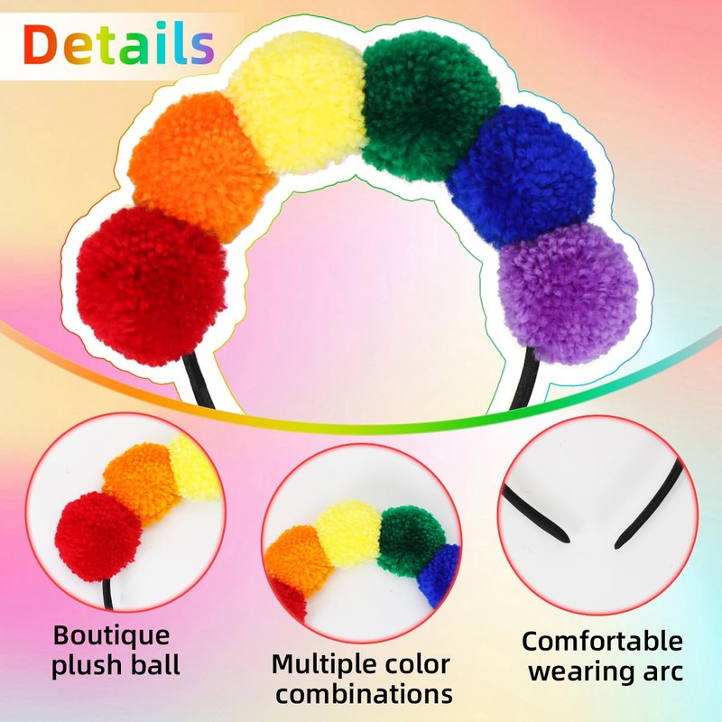 Sprinlot Headband with Pompoms Colourful, Pompom Tiara Rainbow, Rainbow Headband,