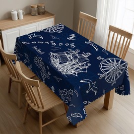 DRAVVIX - Mantel rectangular náutico marino con borde de encaje ondulado de poliéster para cenar, fiestas, 54 x 72 pulgadas
