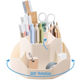 360 Degree Rotation Desk Organizer,9 Slots Pencil Pen Holder for Desk,Accessories & Workspace Organizers,Desktop Storage Stationery Supplies Organizer,Pencil Cup for Office, School,Home（Beige）