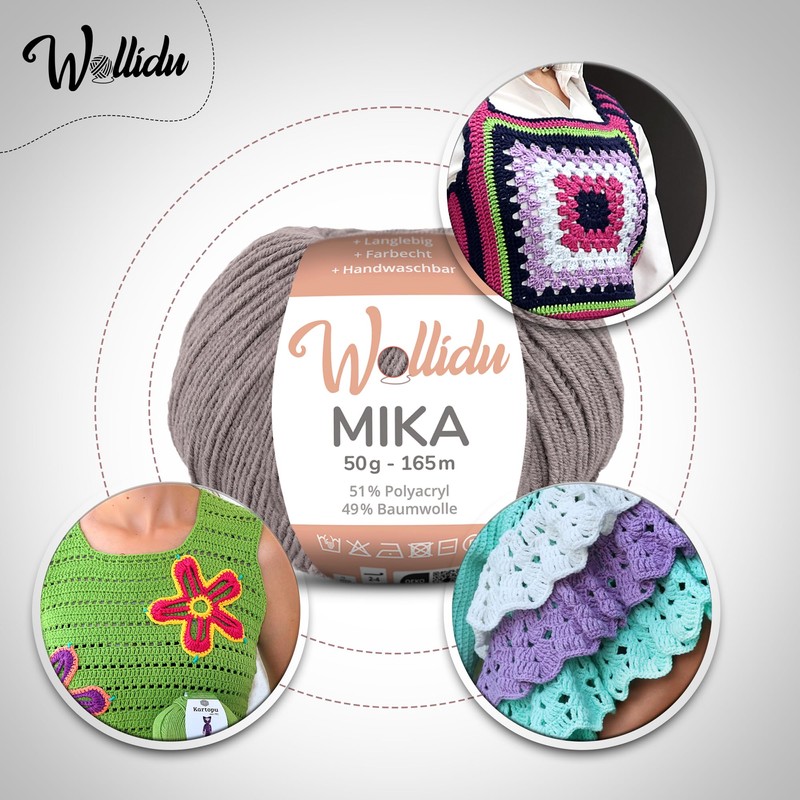 Wollidu Mika Knitting and Crochet Yarn, 51% Polyacrylic, 49% Cotton,