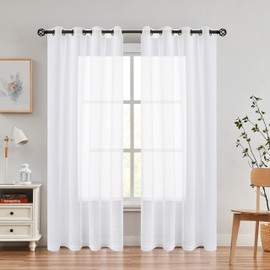 Snow White Linen Sheer Curtain Panel Sets of 2 with Eyelets Open Weave Faux Linen Window Treament for Living Room Bedroom Farmhouse, Elegant Nickel Grommet Top-54x95 Inch