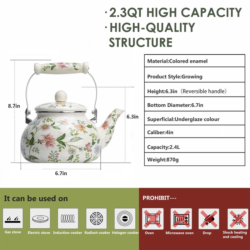 OLYTARU Enamel Teapot floral,Large Porcelain Enameled Teakettle,Colorful Water Tea Kettle