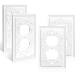 Petal Relief Design Classic Style White Modern Decorative Outlet Covers Wall Plates, Duplex Electric Receptacle Light Switch Cover, Mid-Size 4.9 x 3.1 inch(4-Pack Single Duplex)