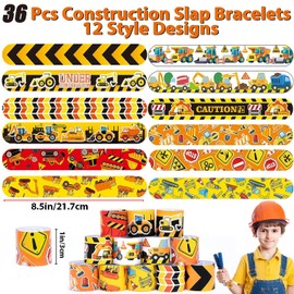 Construction Party Favors 36PCS Construction Vehicles Slap Bracelets Wristband 50PCS Construction Vinyl Stickers for Kids Construction Truck Birthday Party Goodie Bag Fillers