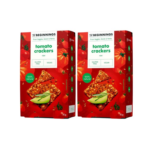 The Beginnings - Tomato Crackers - Gluten Free and Vegan - 100% Natural - Twin Pack, 2 x 80g
