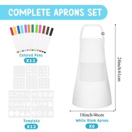 Morcheiong 6 Pack Adjustable Kids Apron Children Apron with Colored Pen and Crafts Template Children Chef Painting Apron for Handmade Crafts Baking Painting（White）
