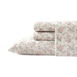 Laura Ashley - Full Sheet Set, Cotton Flannel Bedding, Brushed for Extra Softness & Comfort (Rosalie Grey, Full)