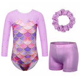 XFGIRLS Gymnastics Leotards for Little Girls 3D Print Fishscales Sequins Ballet Dance Activewear with Shorts Bottoms, KHB341_PurpleFishscales_12A
