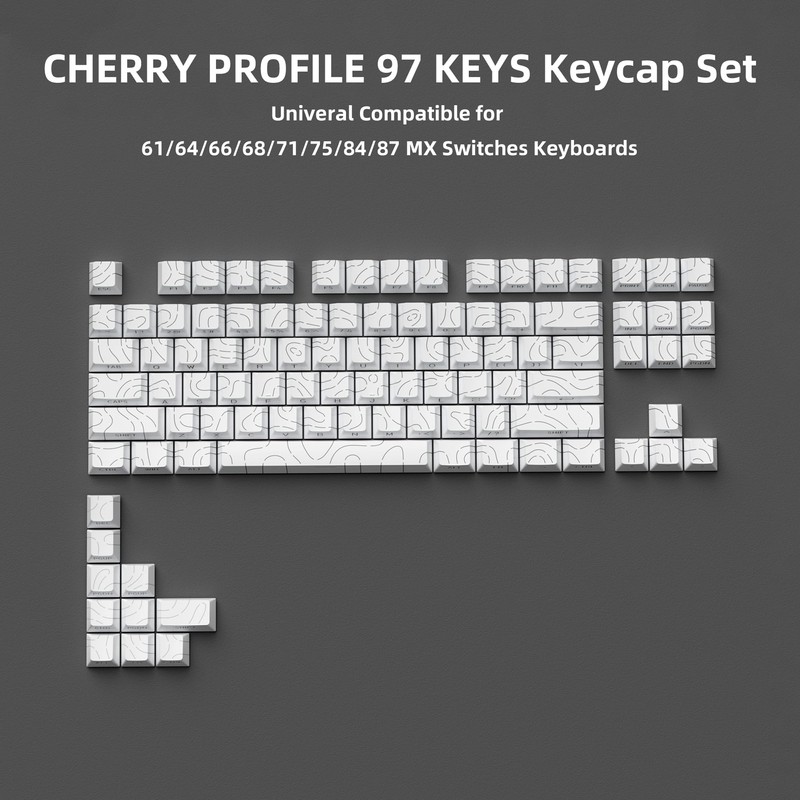 White Topographic PBT Keycaps,97 Key Caps Set Side Printed,No Tear
