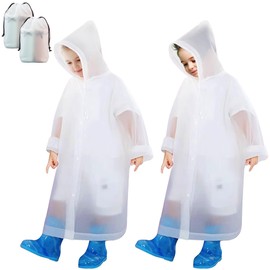 Baogaier 2 Pcs Kids Rain Poncho Reusable EVA Lightweight Waterproof Hooded Long Raincoat White Packable Rain Cape Portable Rainwear Unisex Girls Boys Rainjacket for Travel/Outdoor/Camping
