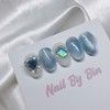 [Handmade Nail Tips] Marine Blue Heart Nails - Long Oval