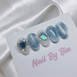 [Handmade Nail Tips] Marine Blue Heart Nails - Long Oval / [수제네일팁] 마린블루하트 네일 - 롱오벌